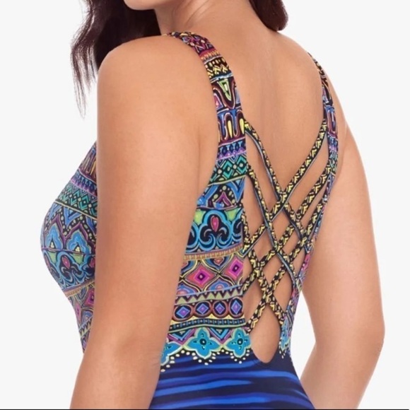 SWIM SOLUTIONS Women's Blue Taj Mahal Square Neck One Piece Long Torso Swimsuit - Picture 5 of 9